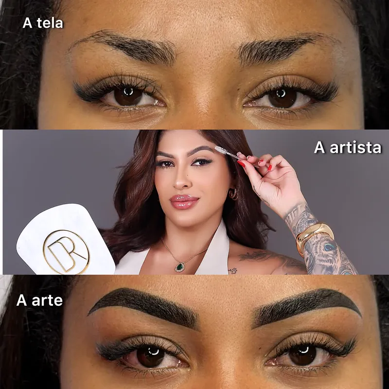 Montagem com três quadros: a tela (sobrancelha antes), a artista (Danny segurando um pincel) e a arte (sobrancelha pronta)