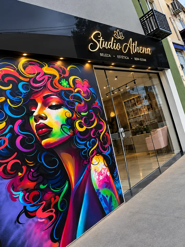 Fachada do studio com vitrine de vidro, letreiro dourado e um grande mural colorido de uma mulher de cabelos cacheados